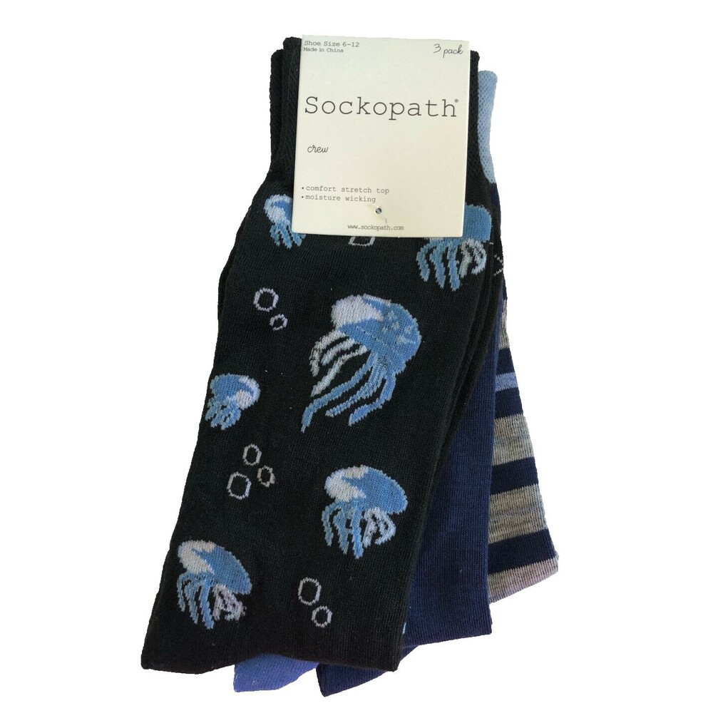 Sockopath Jelly Fish Striped Socks Mens 3 Pairs Sock Size 10-13 Shoe sizes 8-12